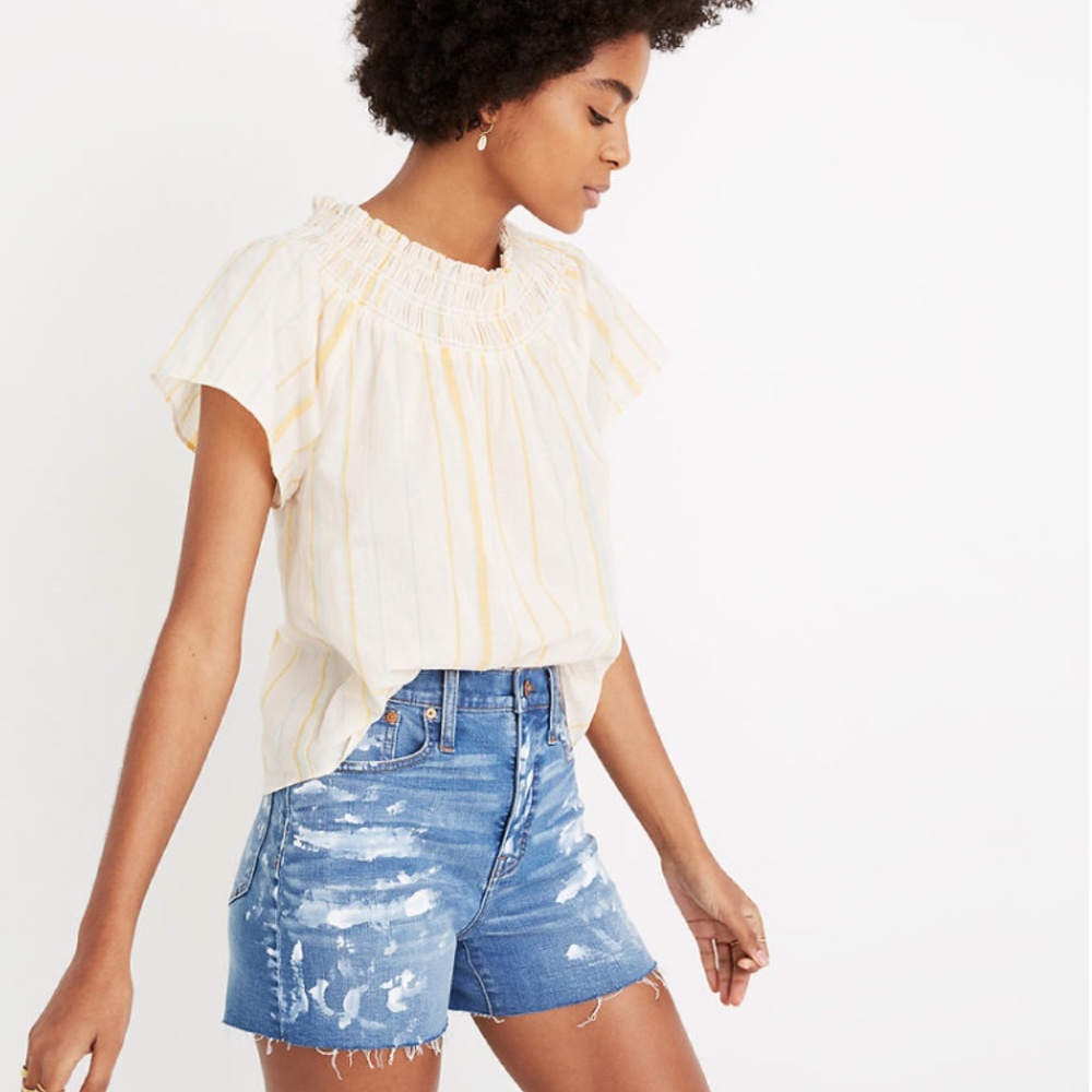 Madewell Smocked Mockneck Top in Stripe Size Small